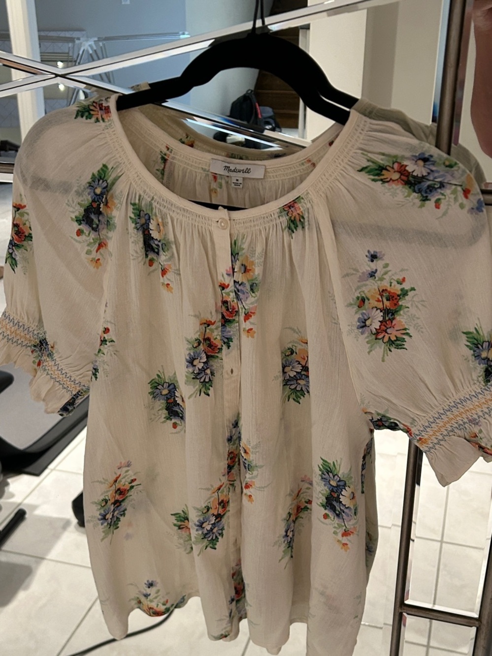 Madewell Cream Floral Button-Front Peasant Blouse 100% Cotton